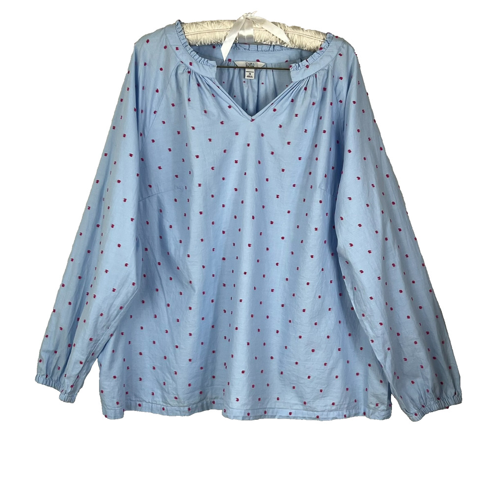 Croft & Barrow Womens Size 2X Blouse Blue Red Polka Dot Woven Long Sleeve Cotton